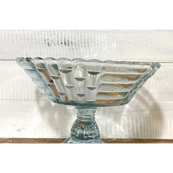 Vintage 1950's Jeannette Glass Louisa Star Lite Blue Footed Compote Bowl 9" Dia - Picture 4 of 12